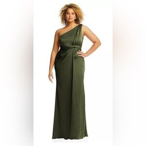 Dessy Collection One-Shoulder Draped Twist Empire Waist Trumpet olive green Gown